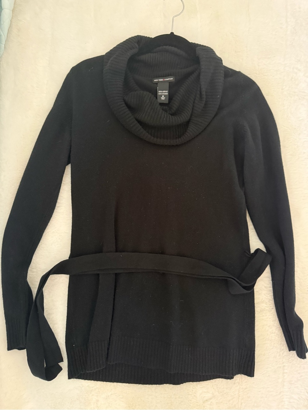 New York & Company Black Cowl Neck Belted Sweater